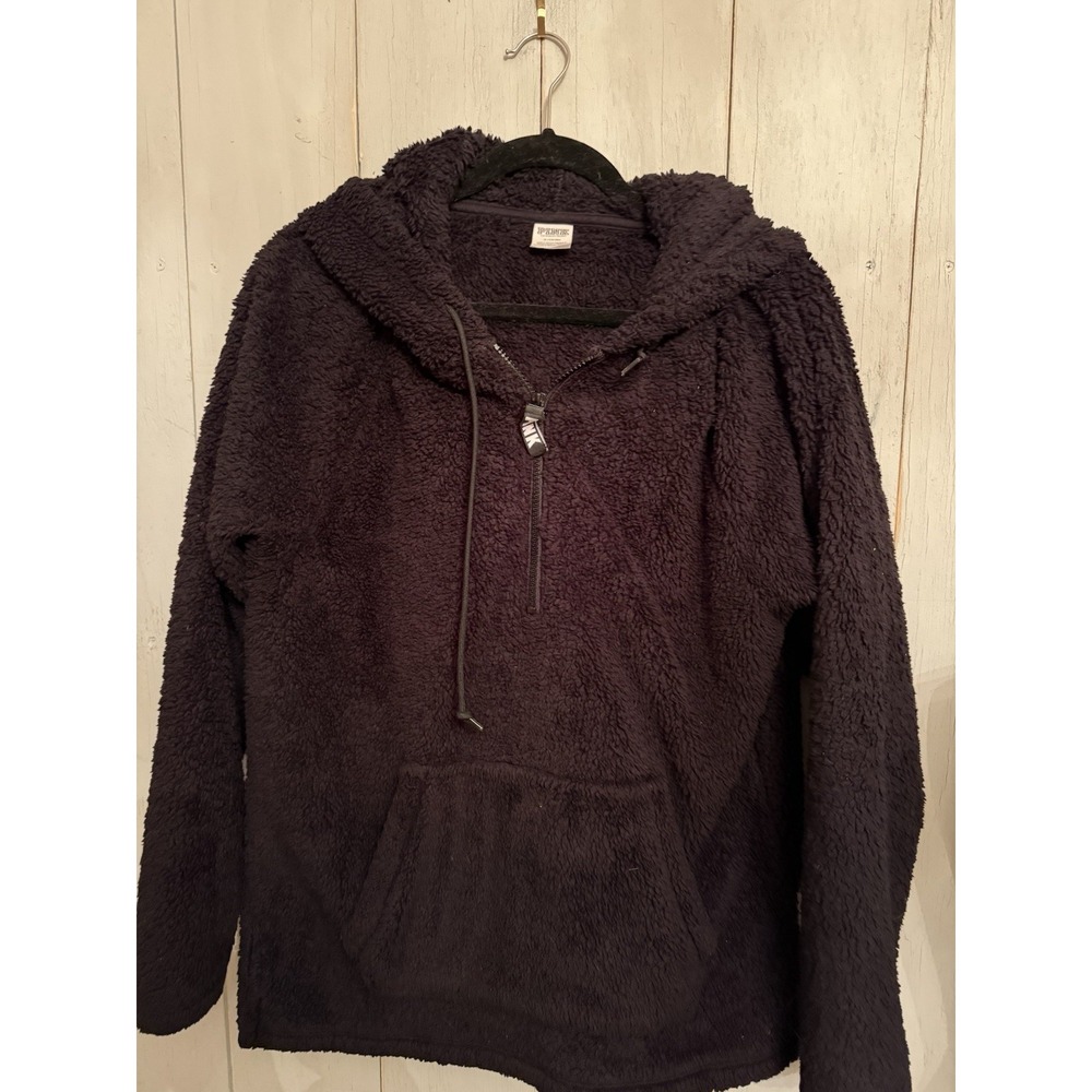 Victoria's Secret PINK Black Fuzzy Sherpa Hoodie Quarter Zip Up Sweater Sz-M B16